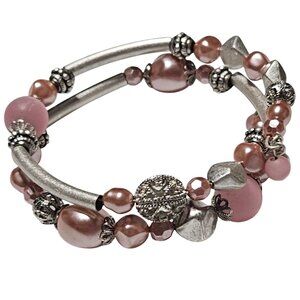 Elegant Pink Silver Beaded Stretch Bracelet Decorative Charms Stacked Jewelry
